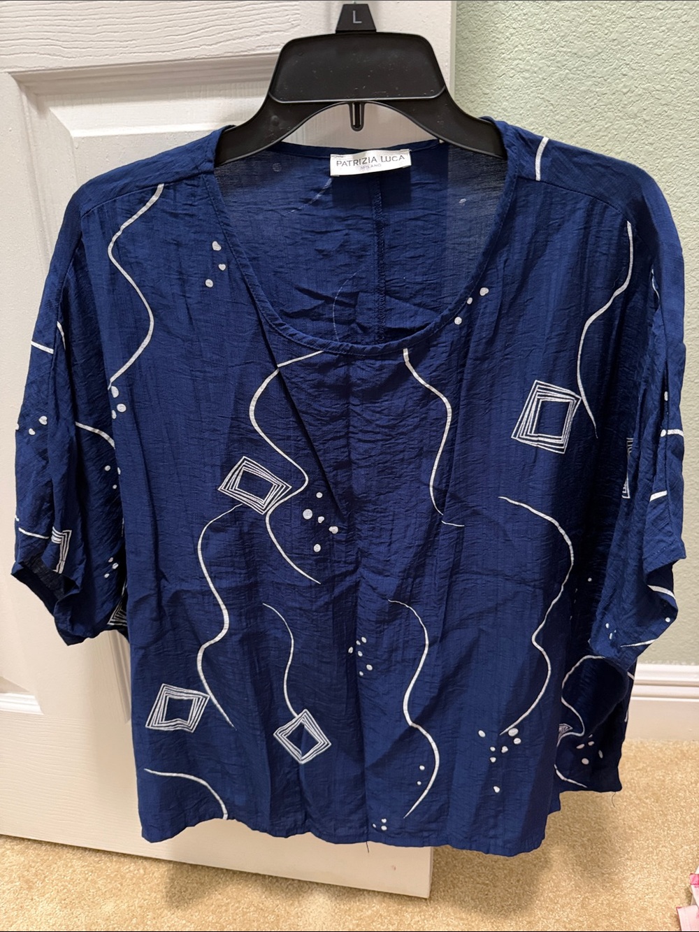 Patrizia Luca Navy Blue Blouse with White Abstract Lines